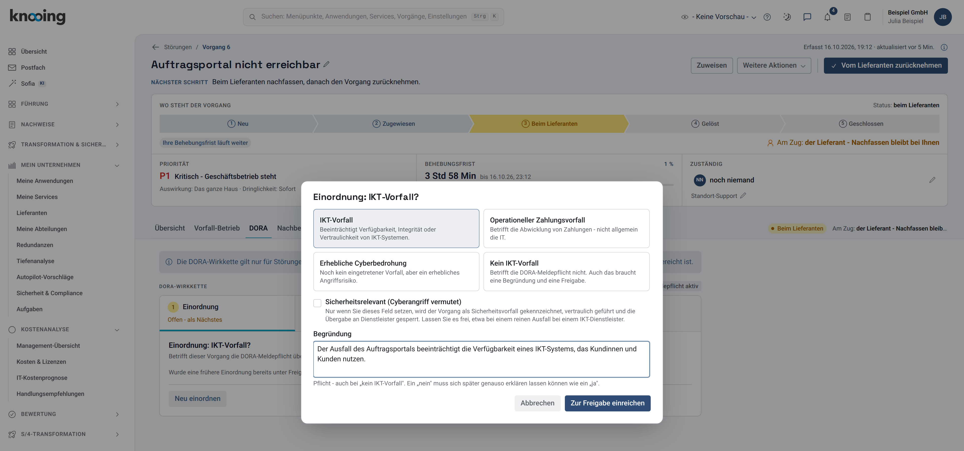 Dialog Einordnung IKT-Vorfall mit gewählter Einordnung, Ankreuzfeld Sicherheitsrelevant und Begründung