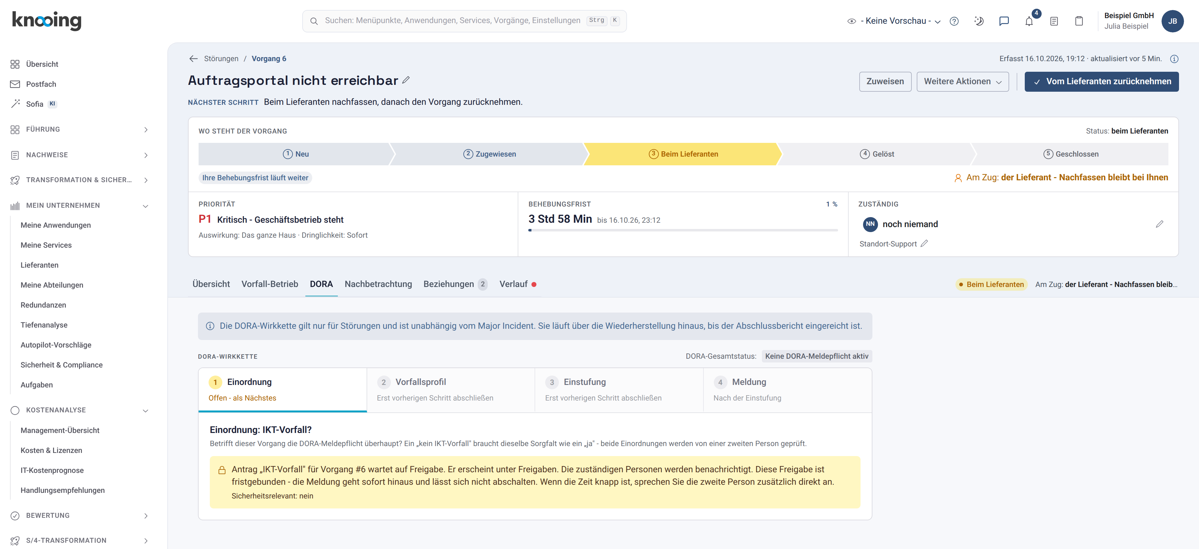 Block Einordnung mit dem Hinweis, dass der Antrag auf Freigabe wartet, und der Angabe Sicherheitsrelevant nein