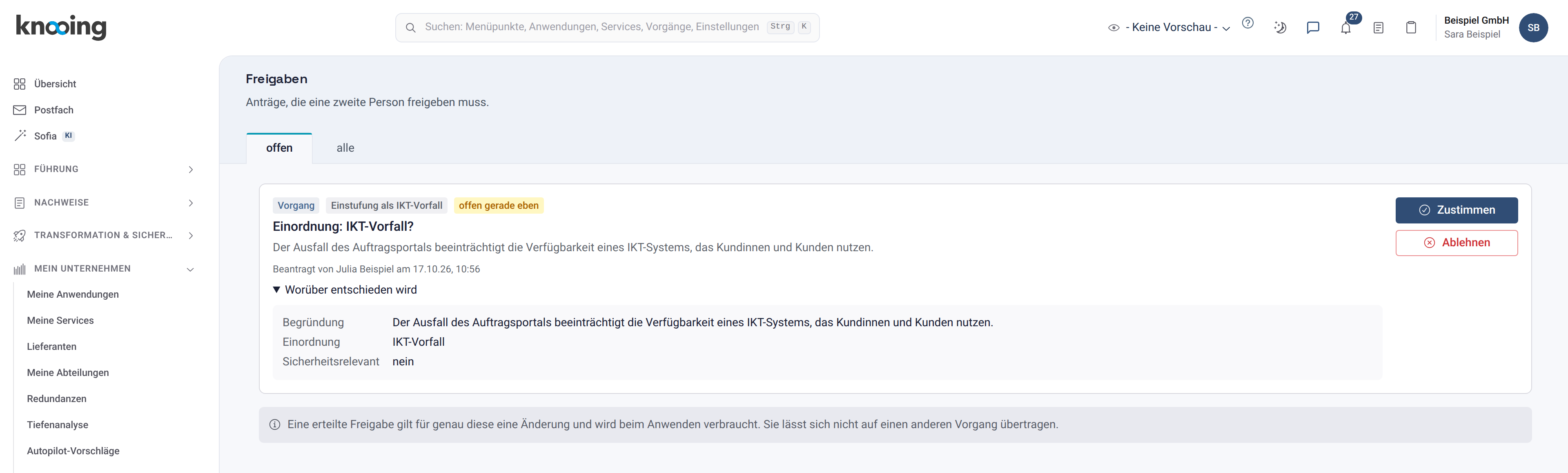 Seite Freigaben mit dem offenen Antrag Einordnung IKT-Vorfall, aufgeklappten Einzelheiten und den Knöpfen Zustimmen und Ablehnen