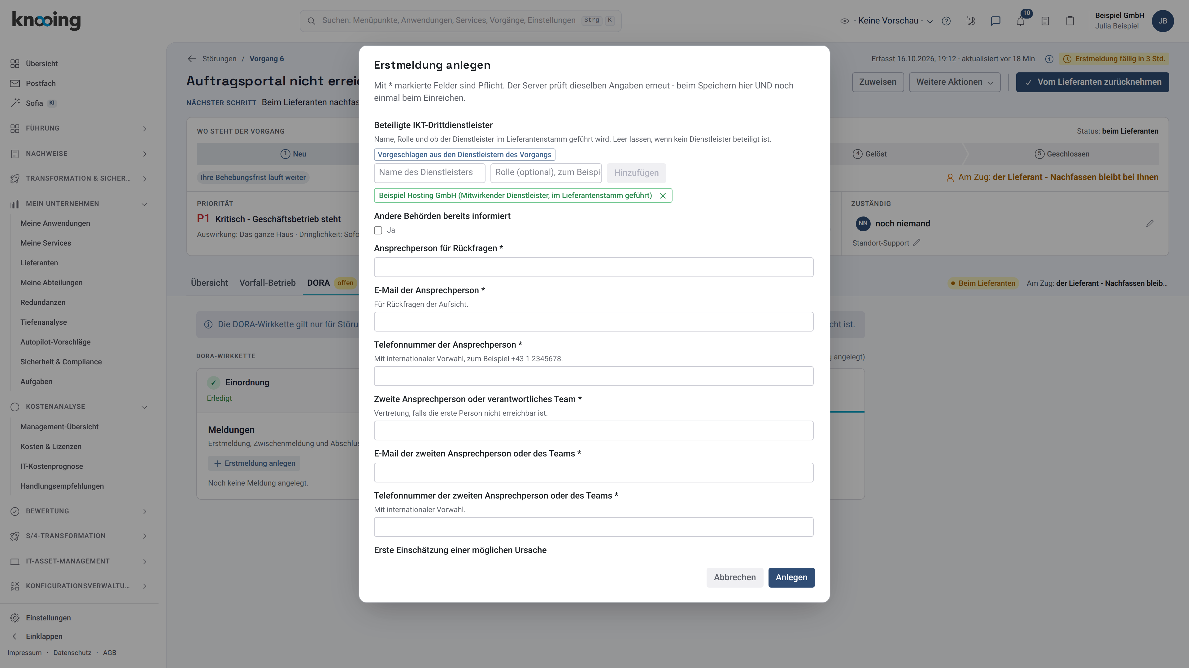 Dialog Erstmeldung anlegen mit dem Feld Beteiligte IKT-Drittdienstleister und dem vorgeschlagenen Dienstleister