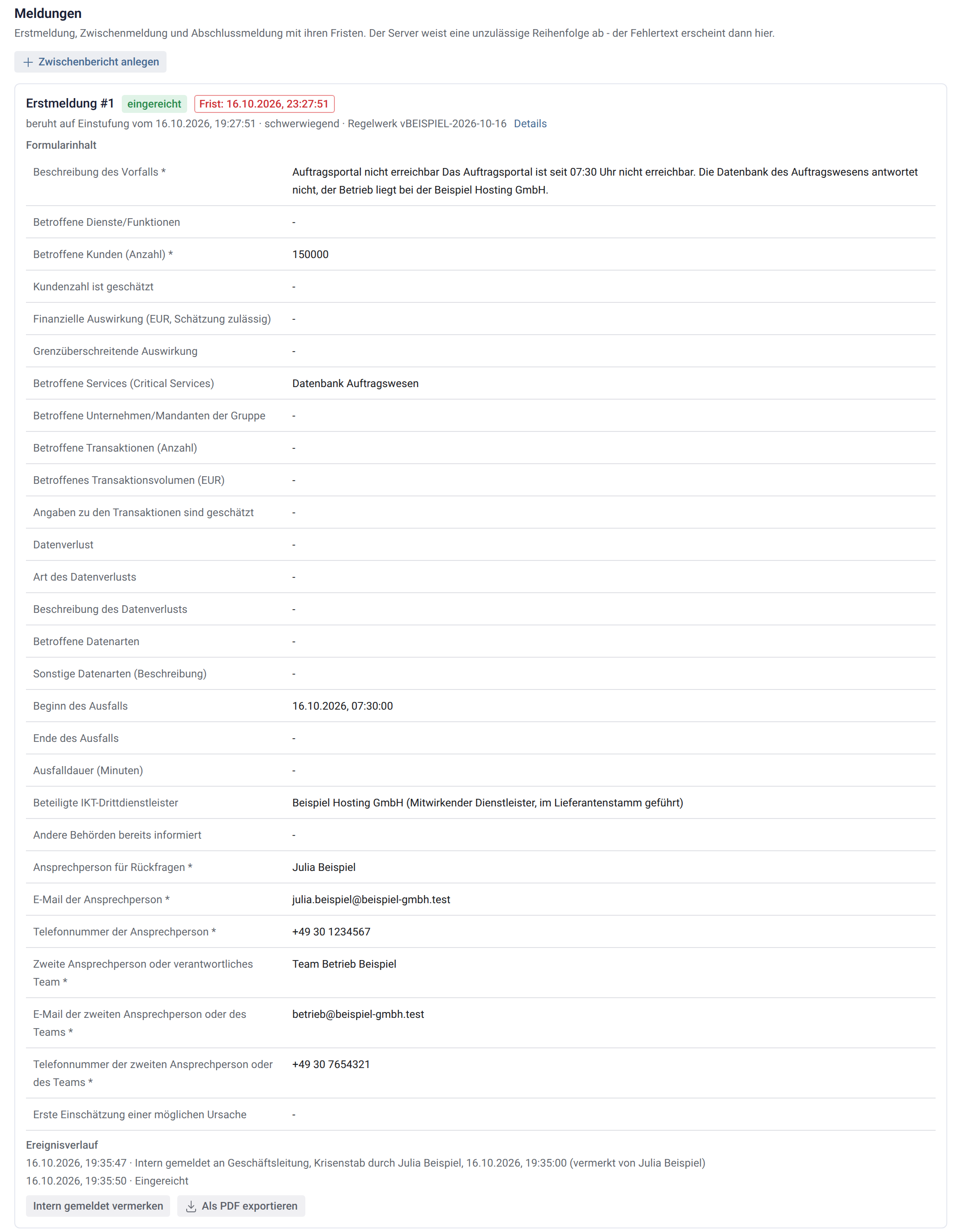 Karte der Erstmeldung im Schritt Meldung mit den betroffenen Services als Name und dem Beginn des Ausfalls
