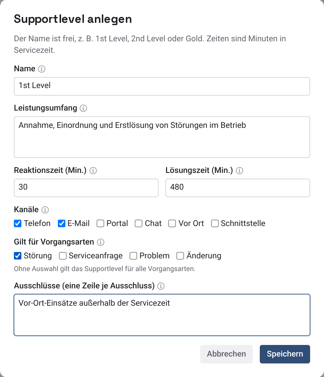 Dialog Supportlevel anlegen mit Name 1st Level, Zeiten, Kanälen, Vorgangsart und Ausschlüssen
