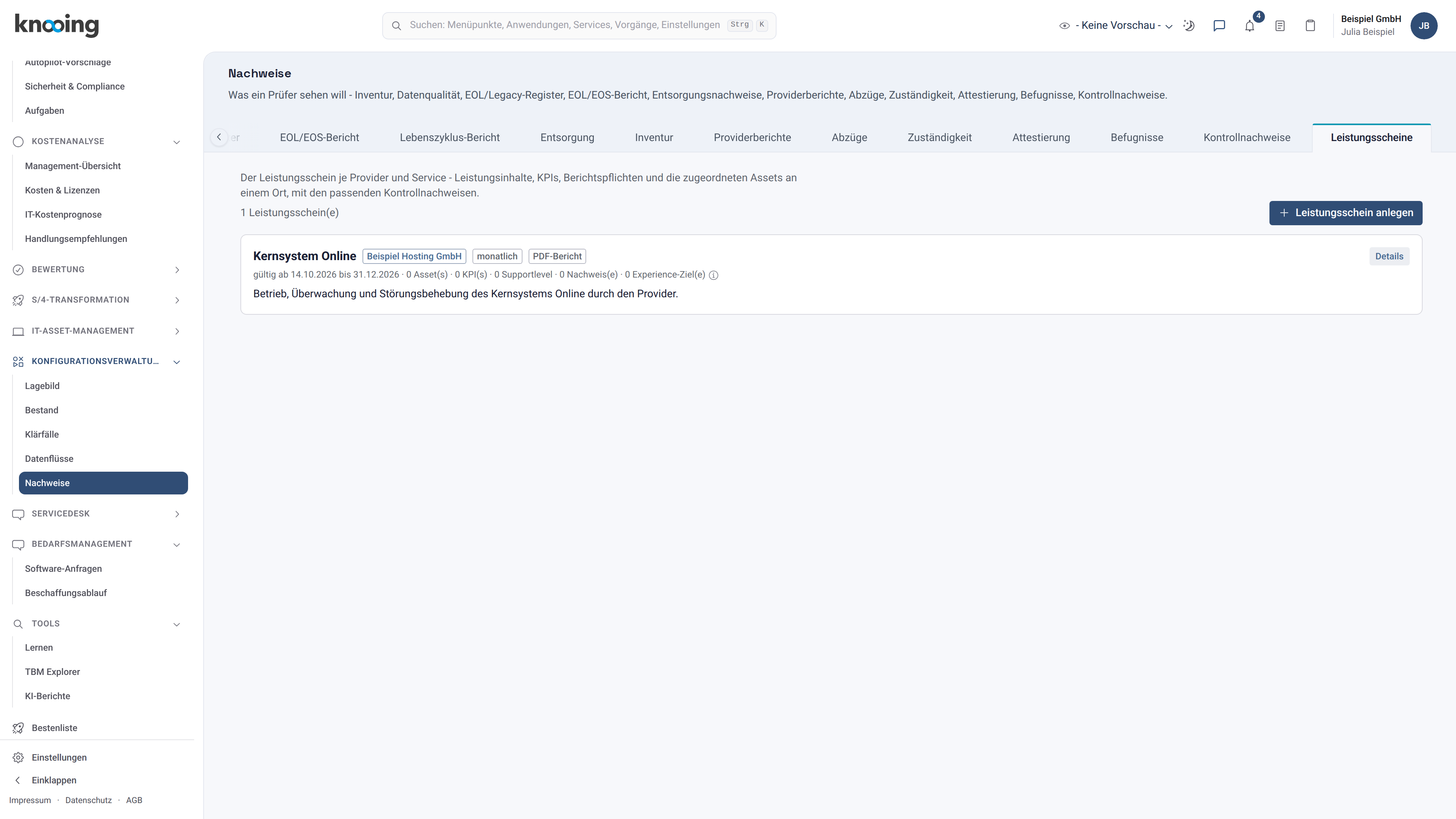 Liste der Leistungsscheine mit dem neuen Schein Kernsystem Online und dem Knopf Details