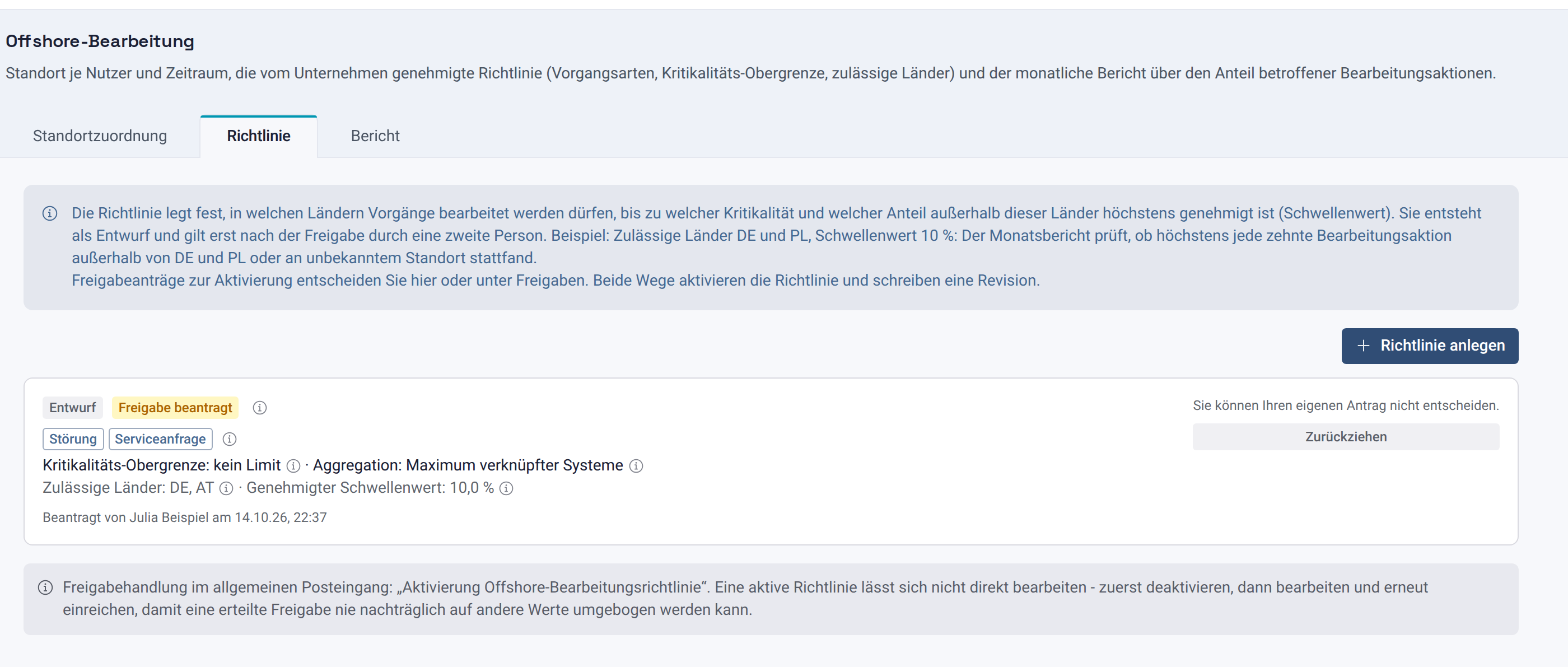Richtlinie im Status Entwurf mit der Meldung, dass die Freigabe beantragt ist