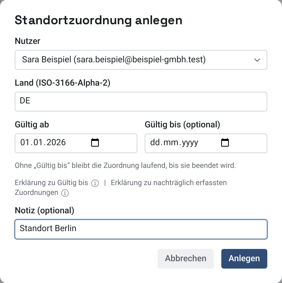 Dialog Zuordnung anlegen mit Nutzer, Land, Gültig ab und Notiz