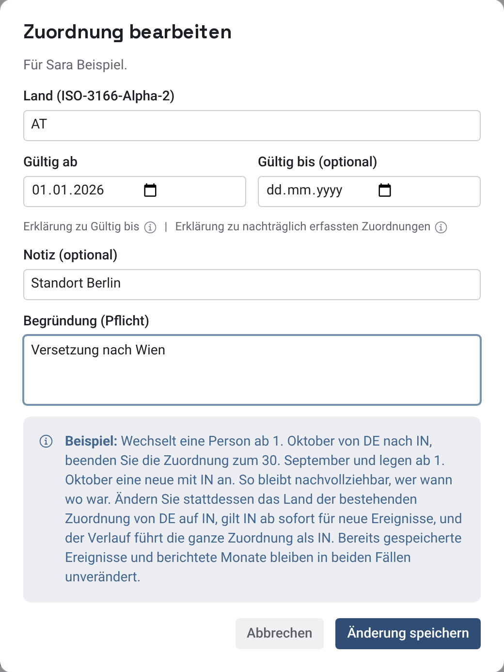 Dialog zum Bearbeiten einer Zuordnung mit Land, Begründung und dem Knopf Änderung speichern