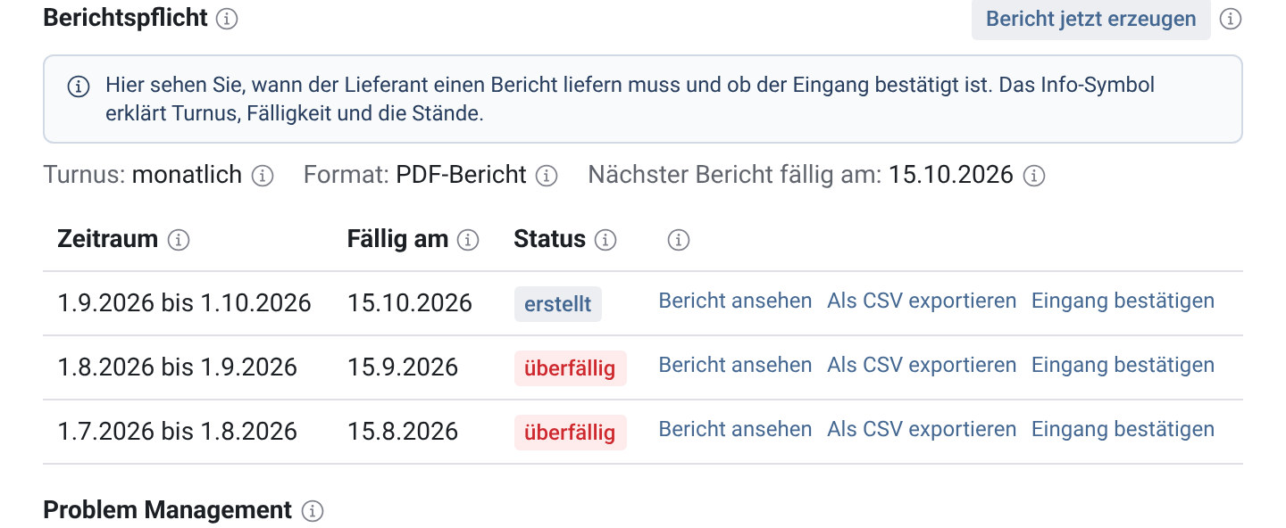Block Berichtspflicht im Leistungsschein mit Turnus, Format, fälligen Berichten und den Verknüpfungen Bericht ansehen, Als CSV exportieren und Eingang bestätigen