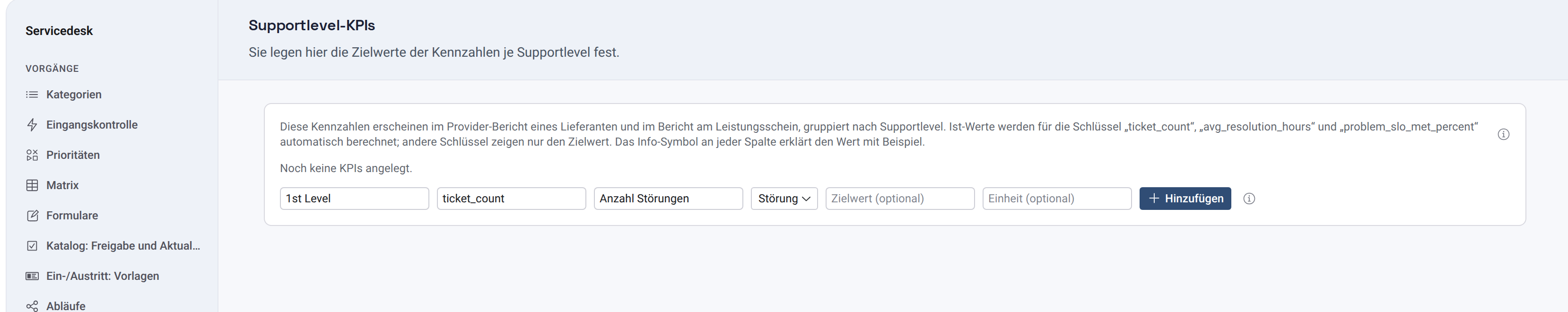 Formular zum Anlegen einer Supportlevel-KPI mit Supportlevel, Schlüssel, Bezeichnung und Vorgangsart