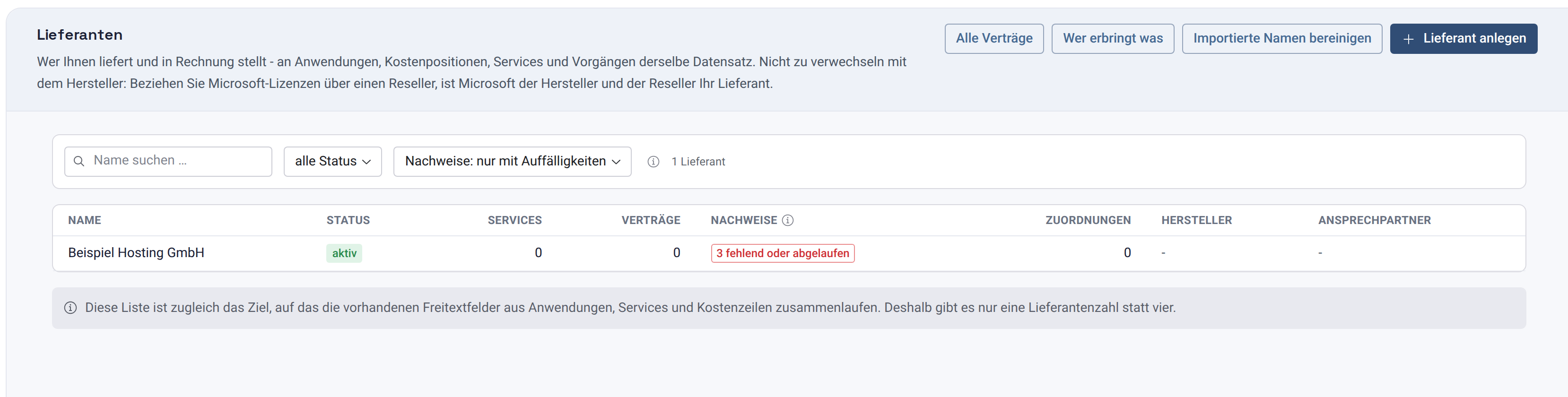 Lieferantenliste mit der Spalte Nachweise, dem roten Zeichen 3 fehlend oder abgelaufen und dem Filter nur mit Auffälligkeiten