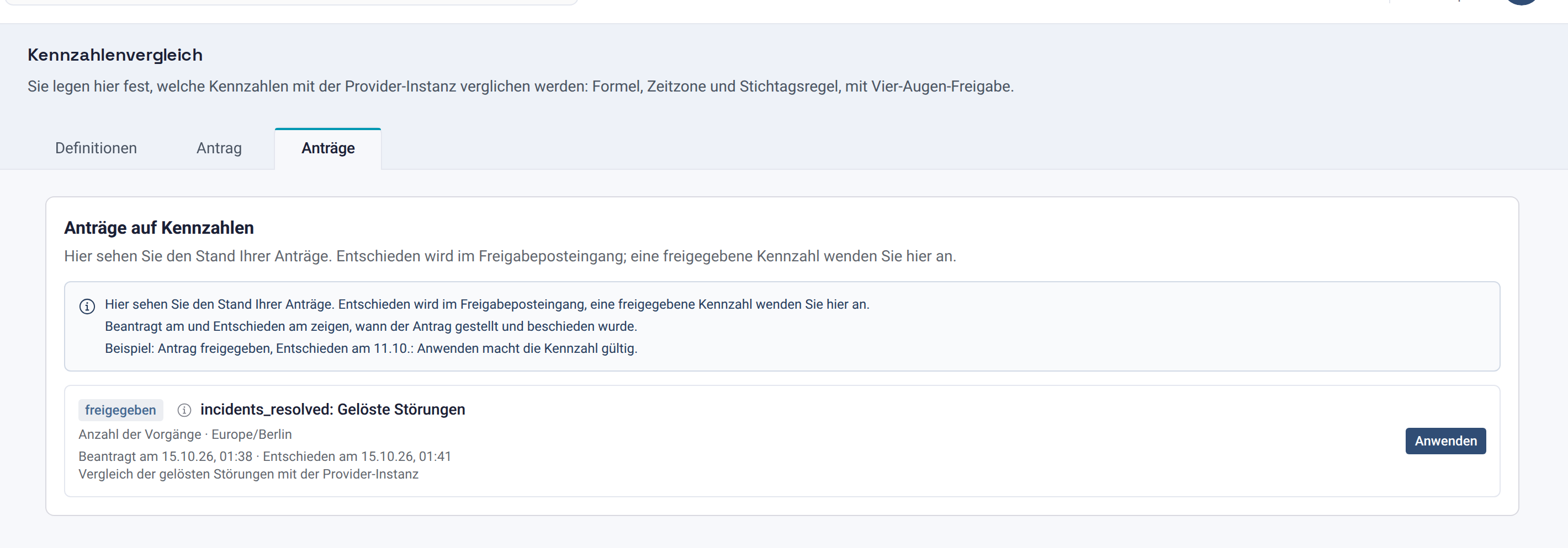 Reiter Anträge mit dem freigegebenen Antrag und dem Knopf Anwenden