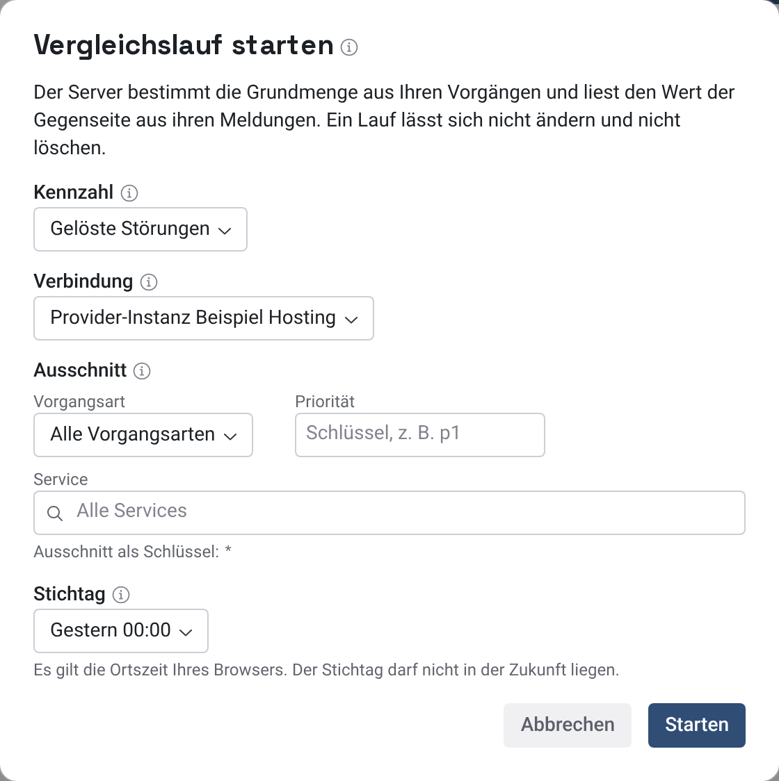 Dialog Vergleichslauf starten mit Kennzahl, Verbindung, Ausschnitt und Stichtag