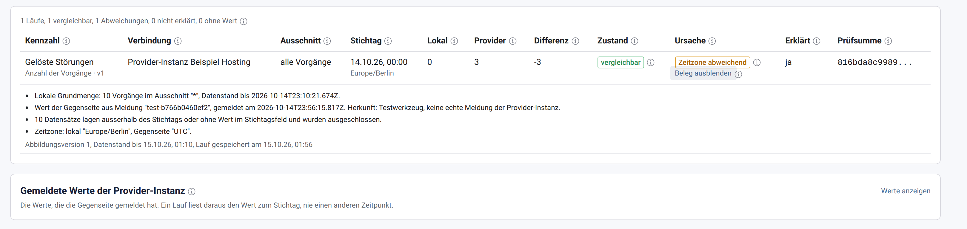 Ergebniszeile des Vergleichslaufs mit Lokal, Provider, Differenz, Ursache Zeitzone abweichend und aufgeklapptem Beleg
