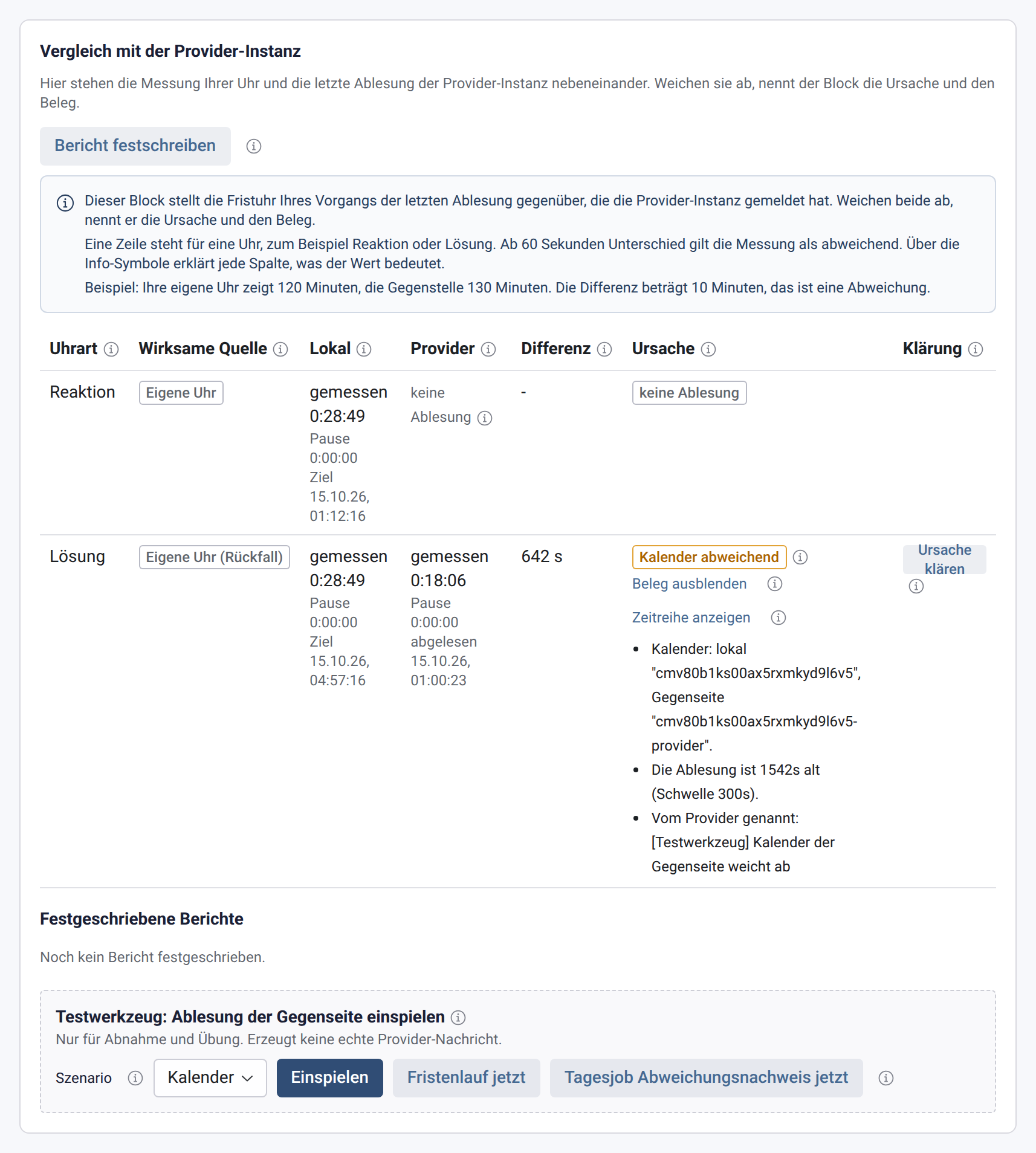Block Vergleich mit der Provider-Instanz mit lokaler Messung, Messung des Providers, Differenz, Ursache und aufgeklapptem Beleg