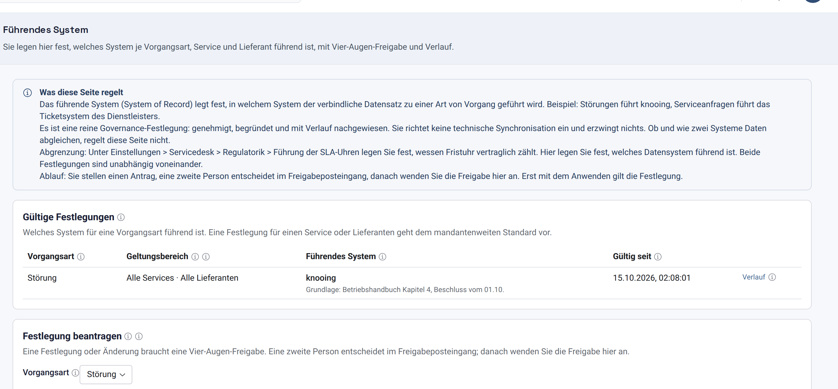 Liste Gültige Festlegungen mit der Festlegung Störung, knooing und der Grundlage
