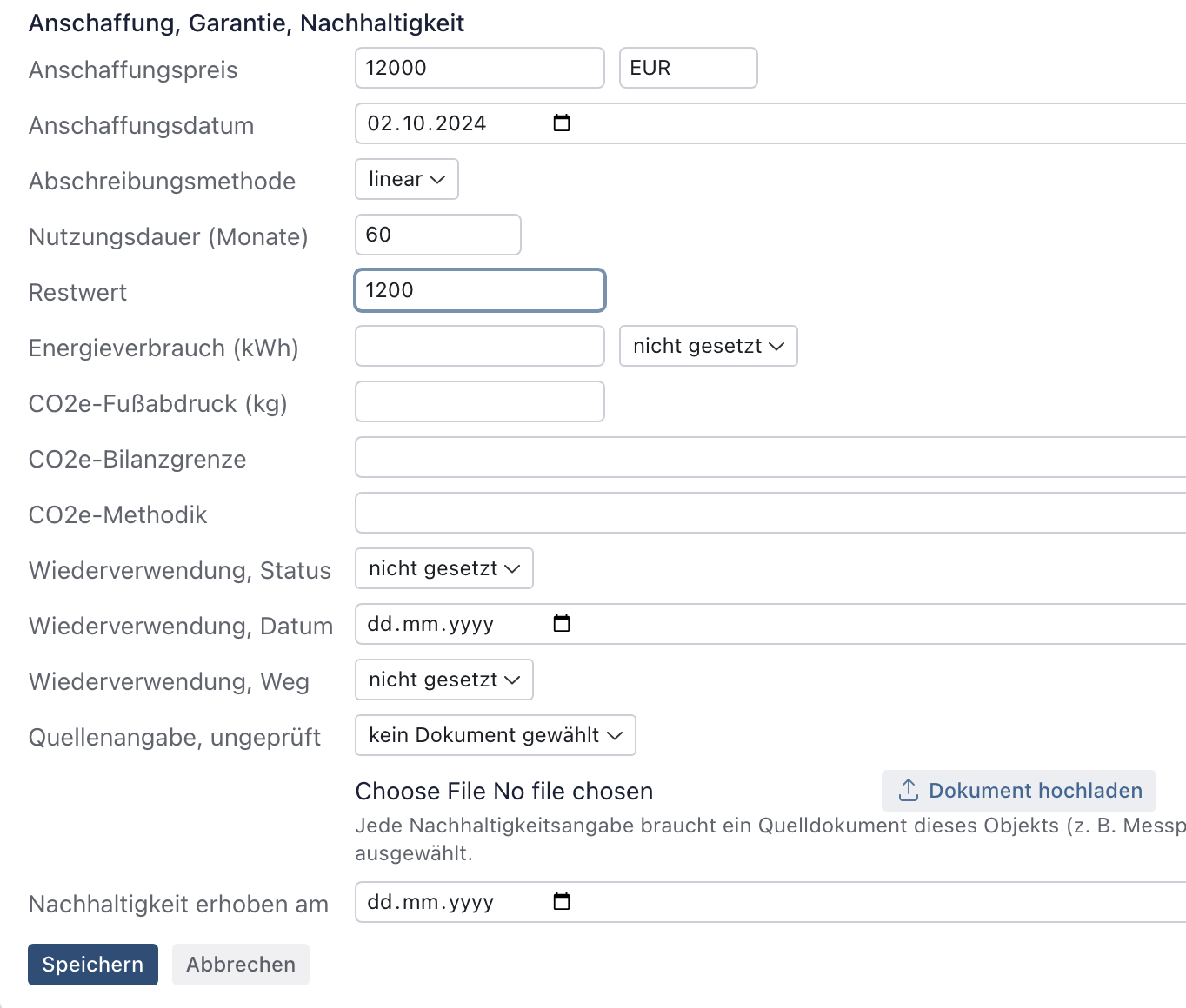 Bereich im Bearbeitenmodus mit Anschaffungspreis 12000 und EUR, Anschaffungsdatum, Abschreibungsmethode linear, Nutzungsdauer 60 und Restwert 1200