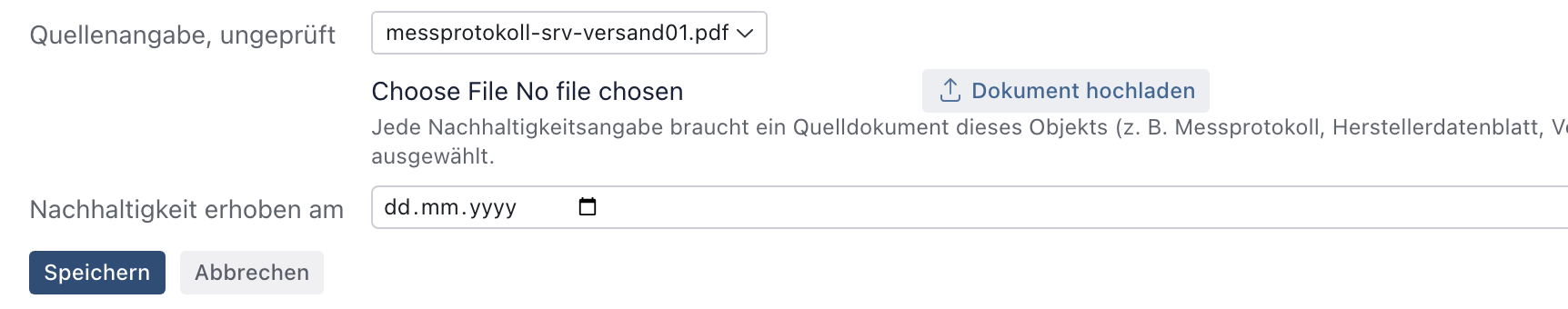 Quellenangabe, ungeprüft mit dem hochgeladenen messprotokoll-srv-versand01.pdf, darunter das leere Dateifeld und der Knopf Dokument hochladen