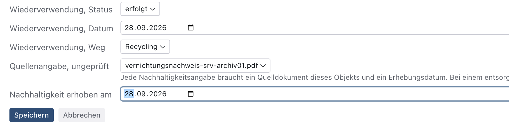 Bereich von srv-archiv01 im Bearbeitenmodus: Wiederverwendung erfolgt am 28.09.2026 mit Recycling, Quelle vernichtungsnachweis-srv-archiv01.pdf ohne Dateifeld