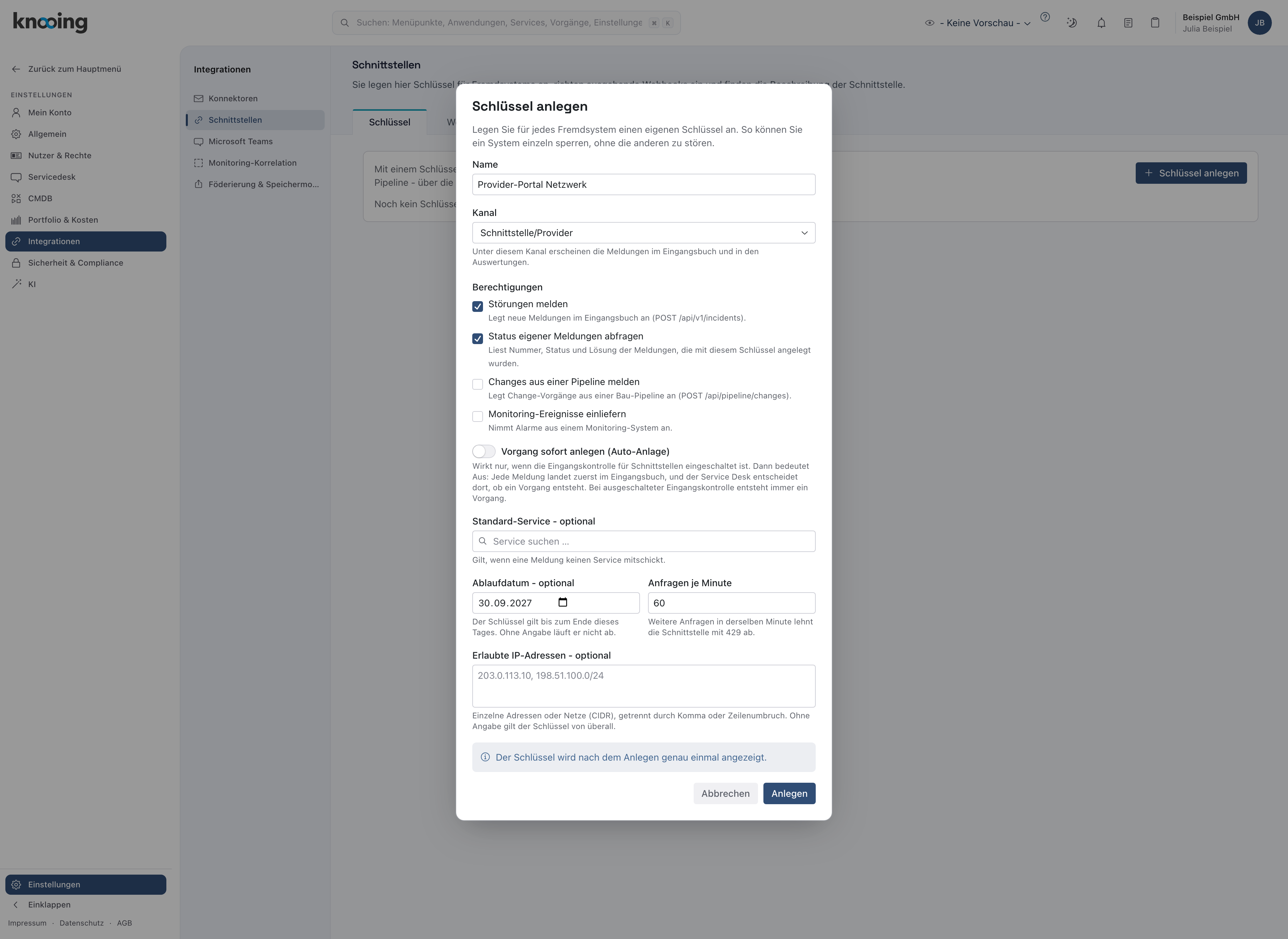 Dialog Schlüssel anlegen mit Name, Kanal, Berechtigungen, Auto-Anlage, Ablaufdatum und IP-Adressen