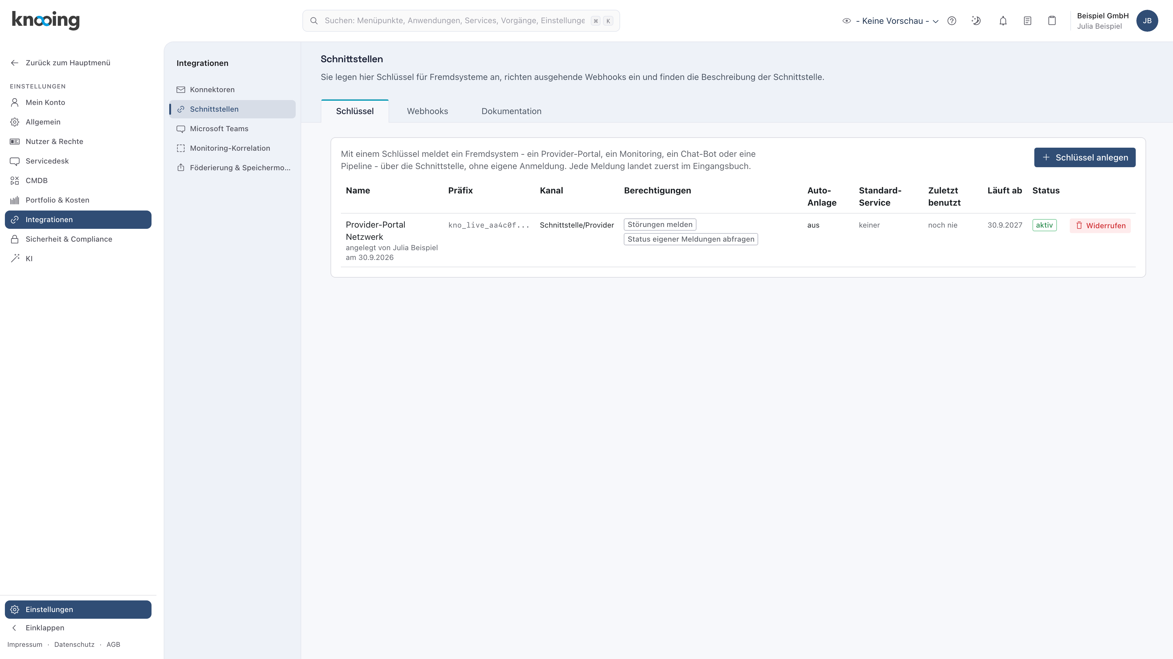 Liste der Schlüssel mit dem neuen aktiven Schlüssel Provider-Portal Netzwerk