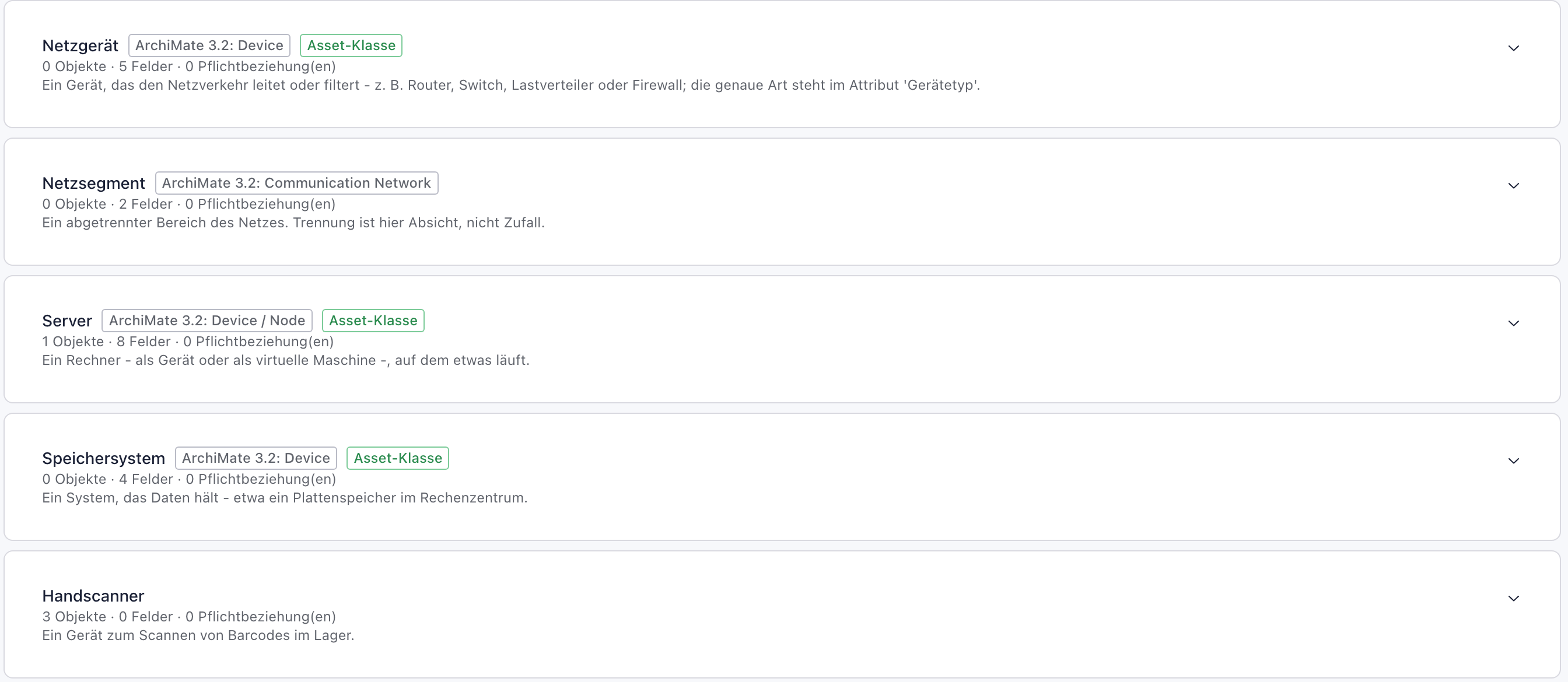 Klassenliste der Modellpflege: Netzgerät, Server und Speichersystem mit dem Kennzeichen Asset-Klasse, Handscanner ohne