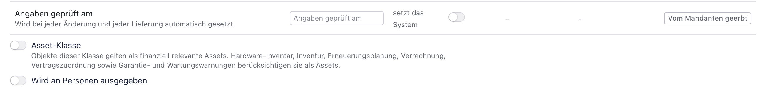 Aufgeklappte Klasse Handscanner: unter den Stammfeldern der ausgeschaltete Schalter Asset-Klasse mit Hinweis, darunter Wird an Personen ausgegeben