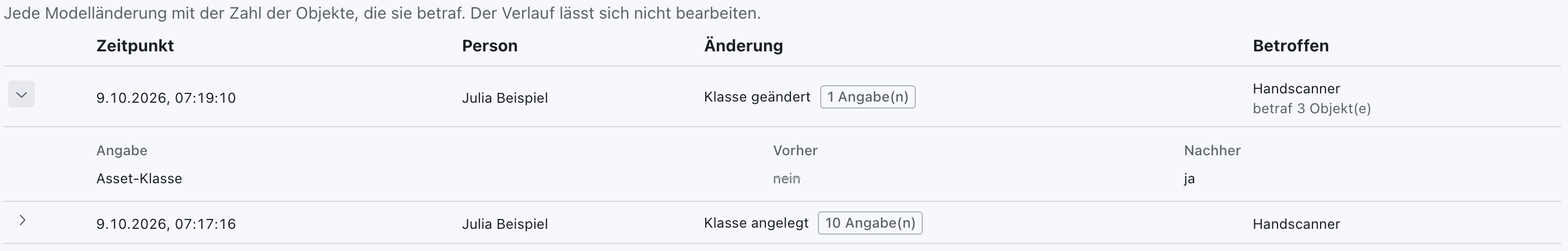 Reiter Modelländerungen: Klasse geändert für Handscanner, betraf 3 Objekte, aufgeklappt mit Asset-Klasse, Vorher nein, Nachher ja