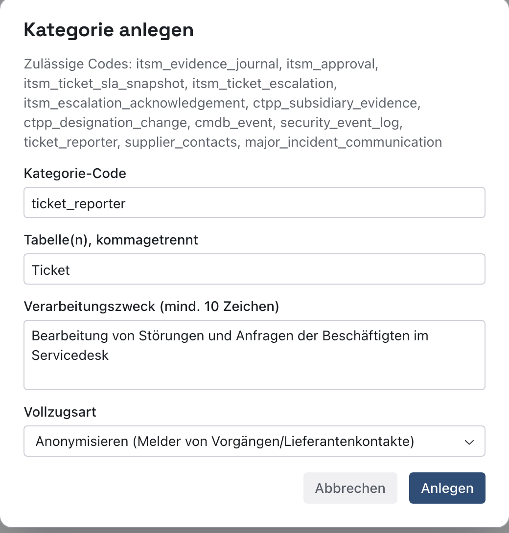 Fenster Kategorie anlegen mit den zulässigen Codes, Kategorie-Code ticket_reporter, Tabelle Ticket, Verarbeitungszweck und Vollzugsart Anonymisieren