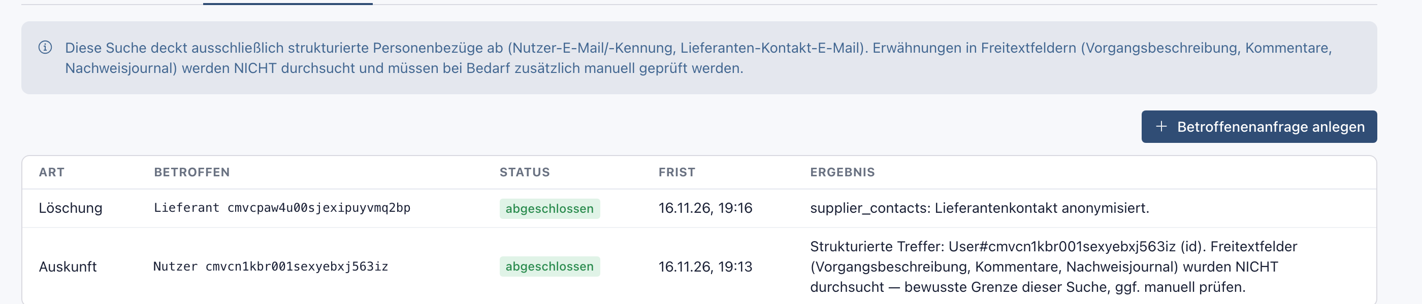 Liste mit der Anfrage Löschung, Lieferant, Status abgeschlossen und Ergebnis supplier_contacts: Lieferantenkontakt anonymisiert