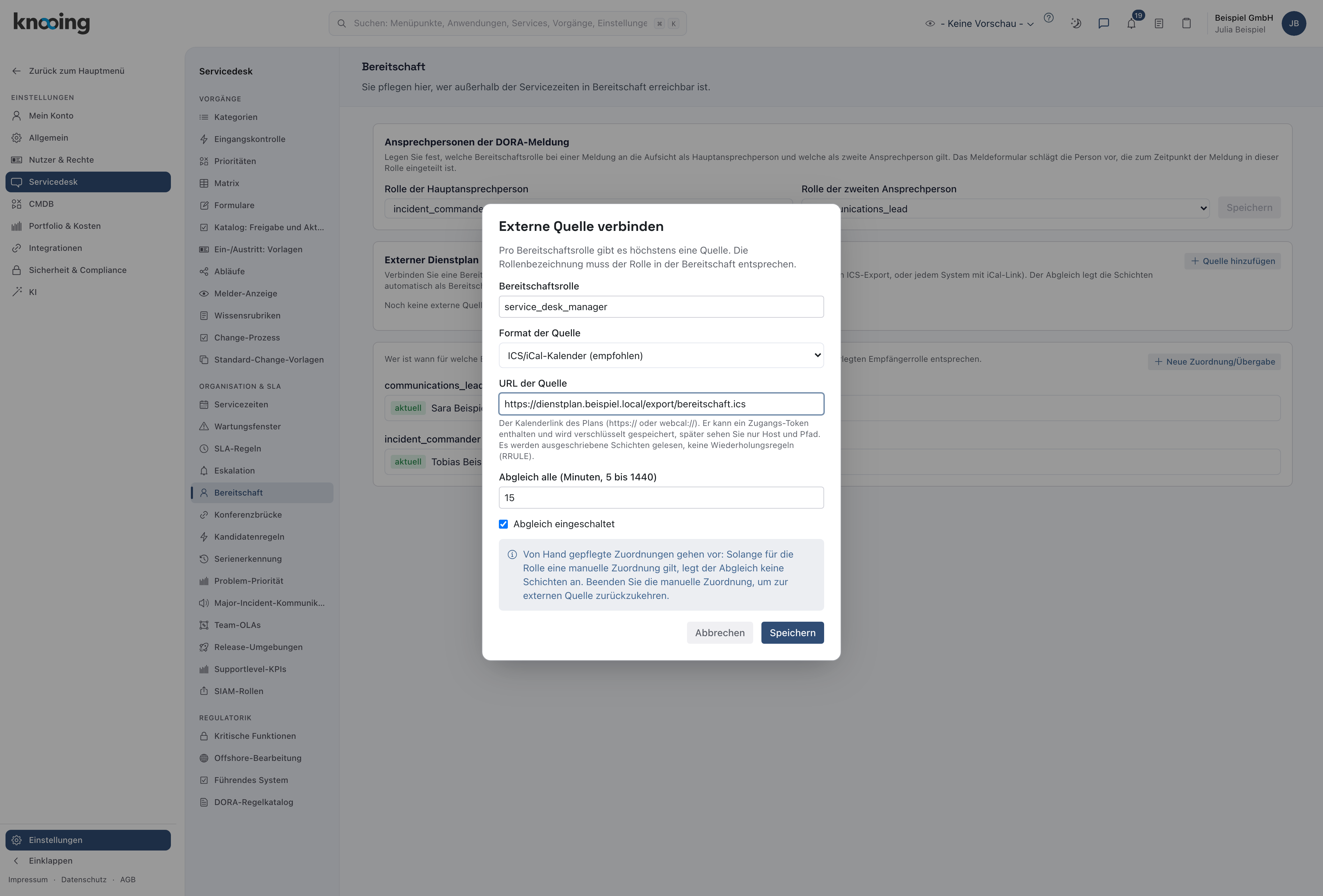 Dialog Externe Quelle verbinden mit der Rolle service_desk_manager, dem Format ICS und einer Beispiel-URL