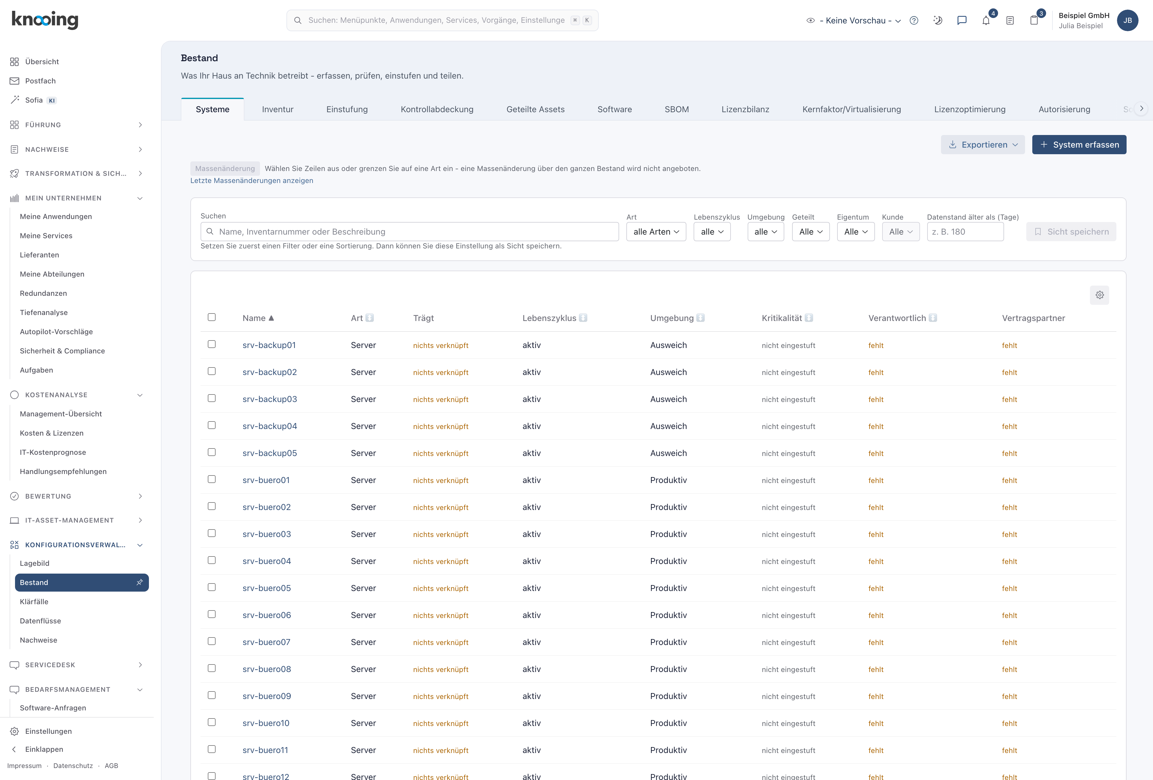 Seite Bestand, Reiter Systeme, mit dem Suchfeld, den Filtern Art, Lebenszyklus, Umgebung, Geteilt, Eigentum, Kunde und Datenstand älter als und darunter der Liste der Server