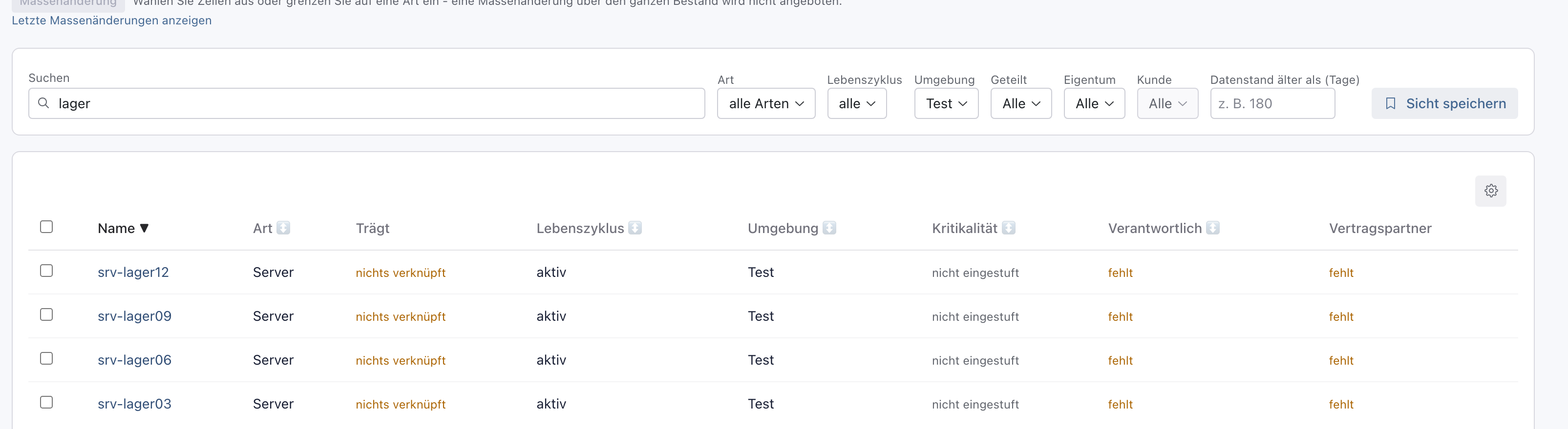 Suche lager mit Umgebung Test, Liste nach Name absteigend sortiert mit srv-lager12, srv-lager09, srv-lager06 und srv-lager03