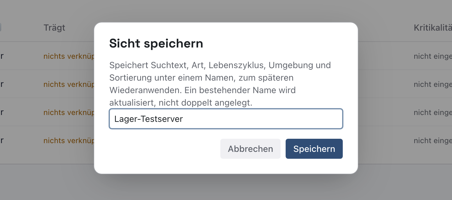 Fenster Sicht speichern mit dem Namen Lager-Testserver und den Knöpfen Abbrechen und Speichern