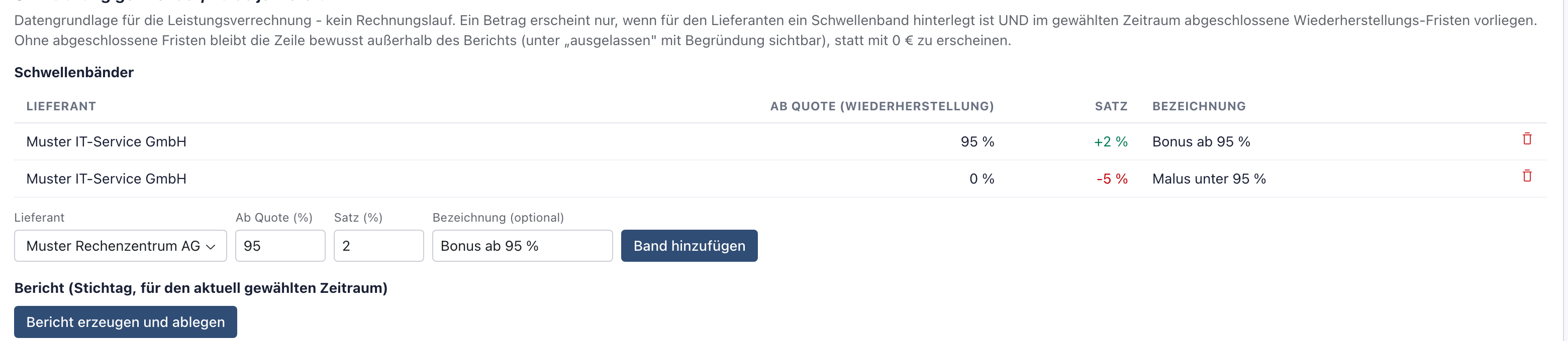Zeile zum Hinzufügen eines Bands mit Lieferant Muster Rechenzentrum AG, Ab Quote 95, Satz 2, Bezeichnung Bonus ab 95 Prozent und dem Knopf Band hinzufügen