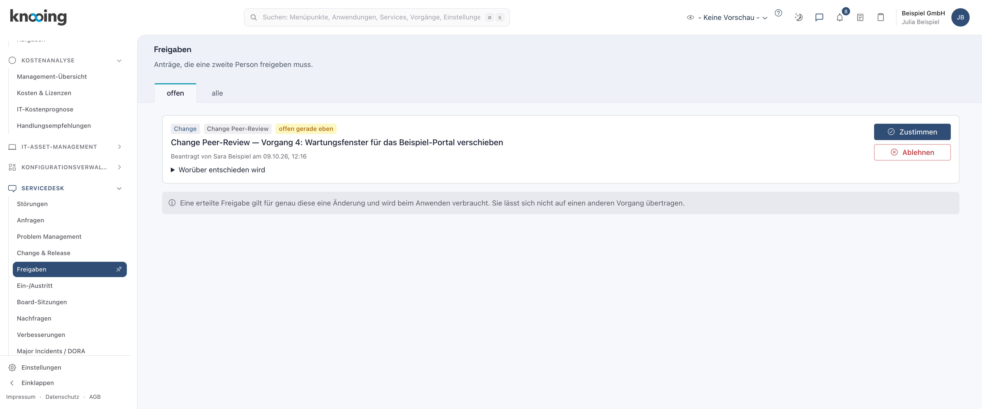 Liste Freigaben mit dem offenen Antrag Change Peer-Review zu Vorgang 4 und den Schaltflächen Zustimmen und Ablehnen