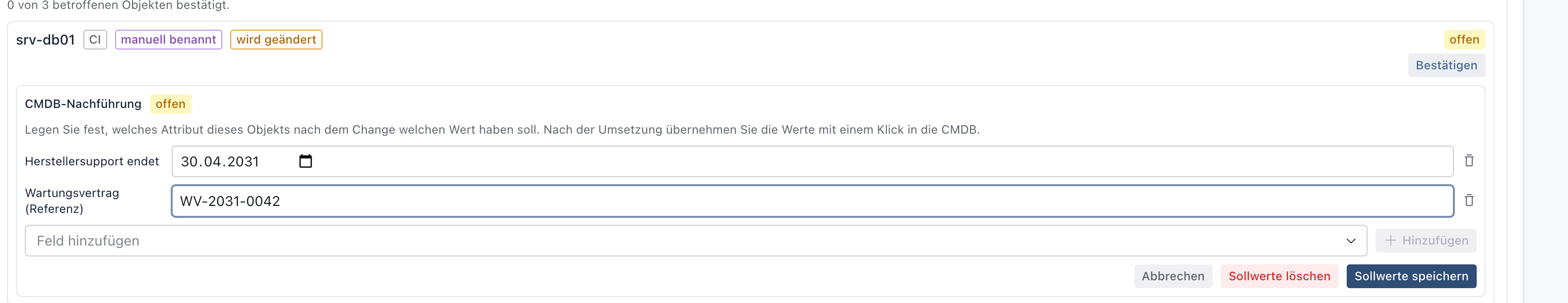 Editor für Sollwerte beim Datenbankserver mit Herstellersupport endet 30.04.2031 und Wartungsvertrag WV-2031-0042
