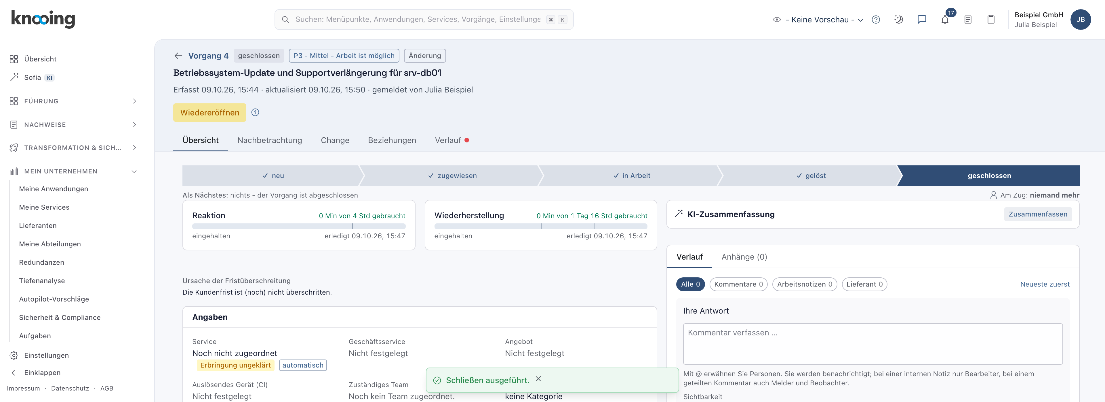 Geschlossener Change mit der Meldung Schließen ausgeführt
