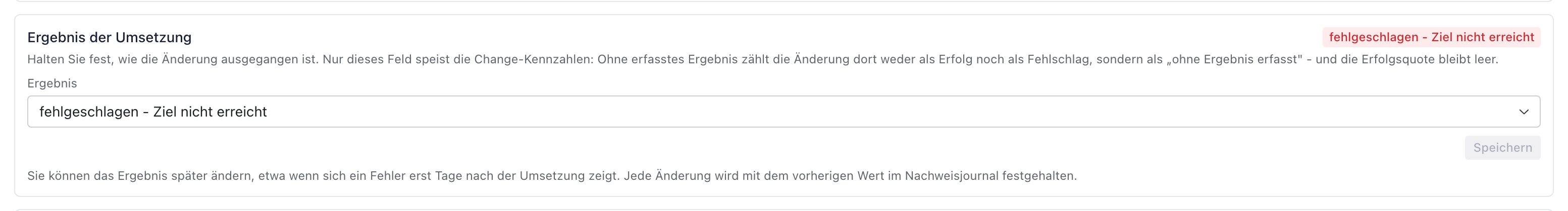 Abschnitt Ergebnis der Umsetzung mit der roten Marke fehlgeschlagen - Ziel nicht erreicht