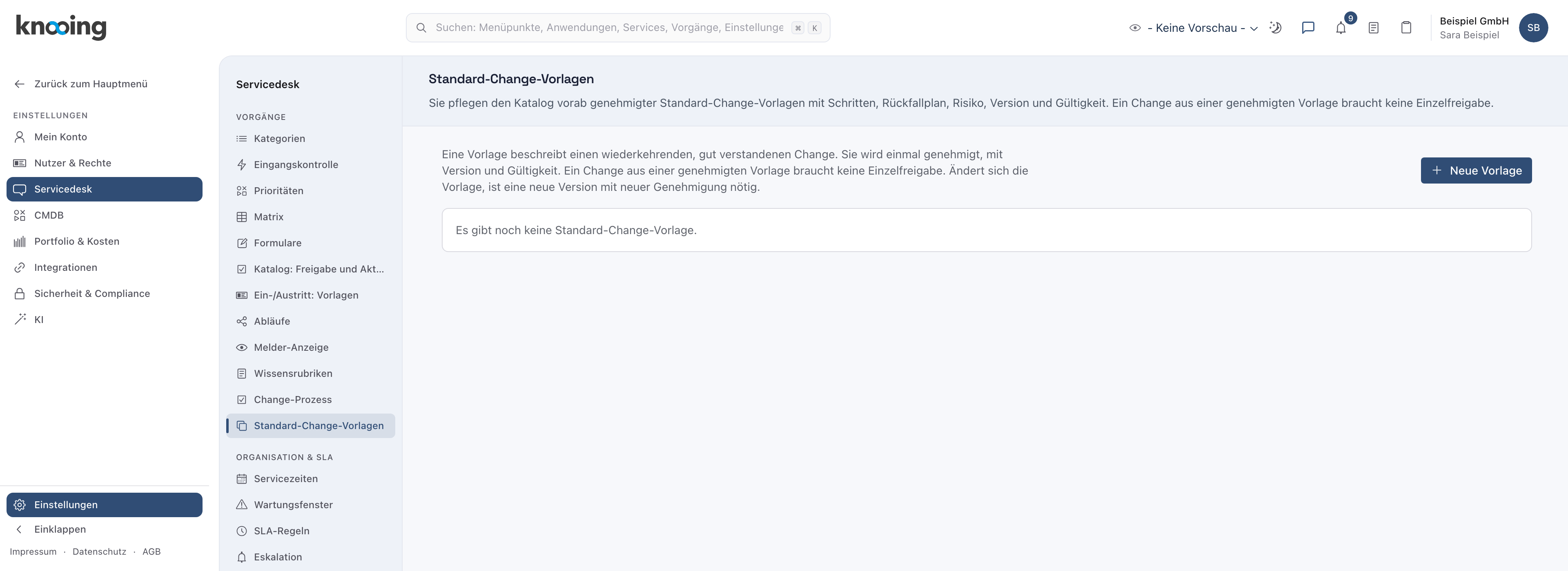 Seite Standard-Change-Vorlagen ohne Vorlage mit der Schaltfläche Neue Vorlage