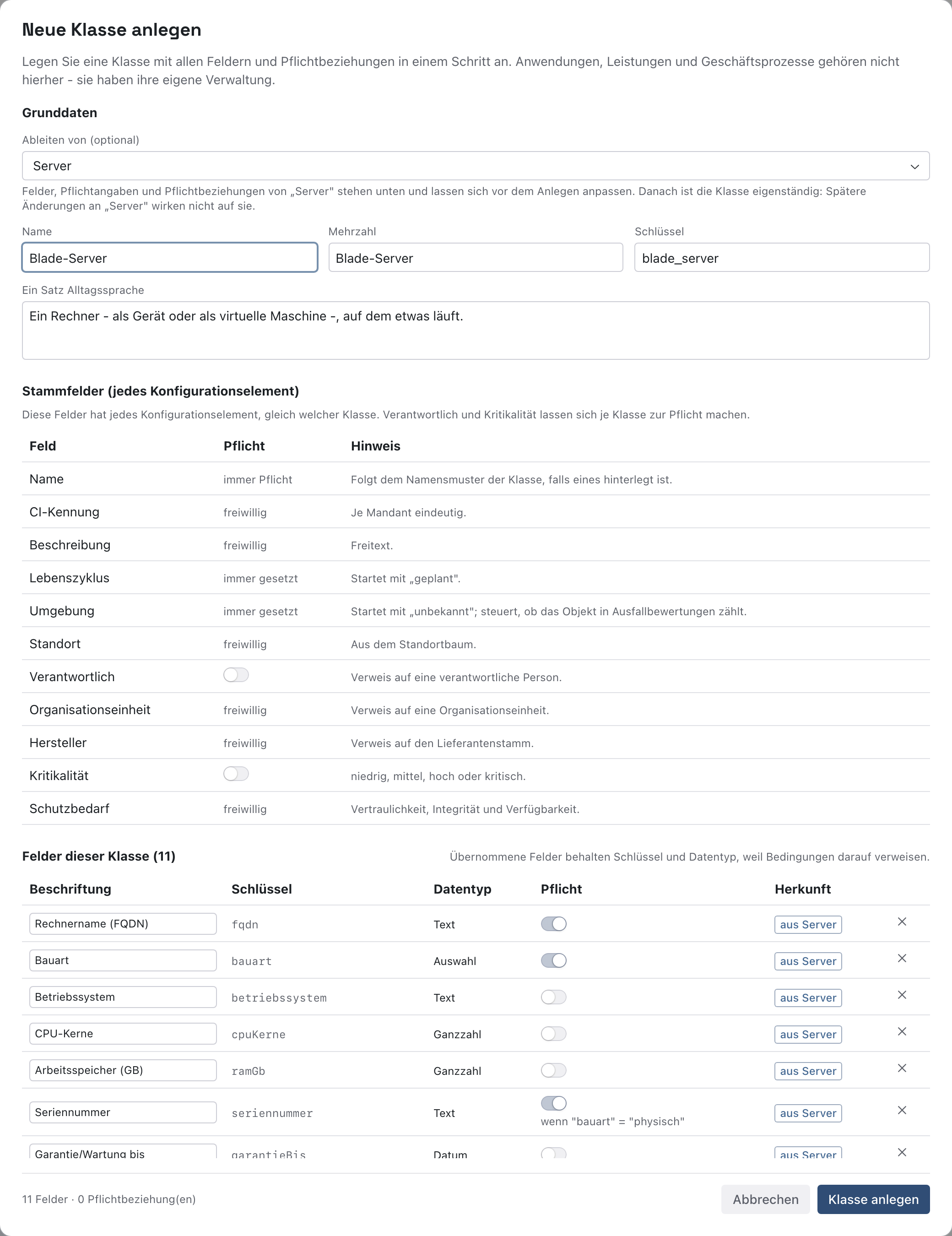 Dialog Neue Klasse anlegen mit der Vorlage Server und dem Namen Blade-Server
