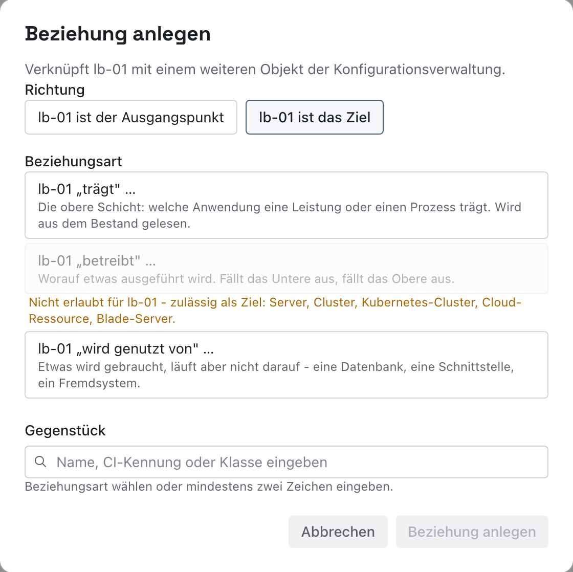 Dialog Beziehung anlegen für lb-01 mit dem Hinweis Nicht erlaubt