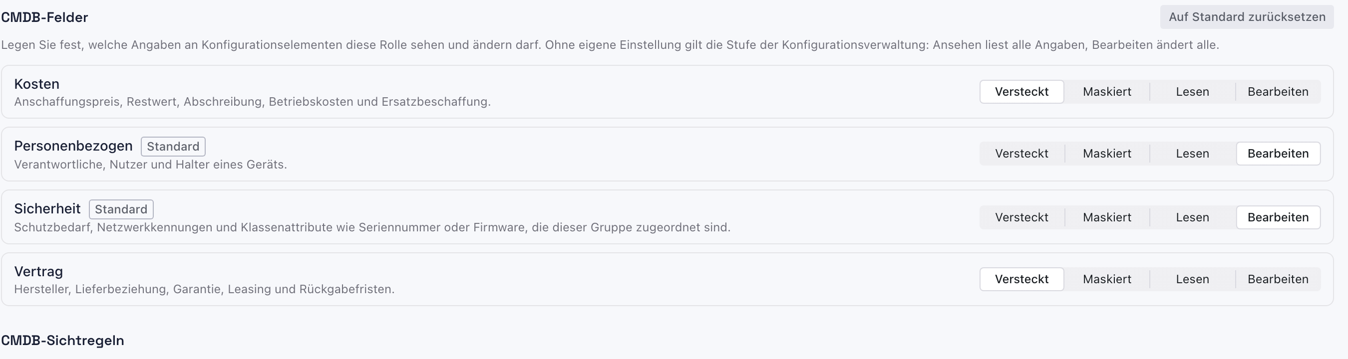 Abschnitt CMDB-Felder: Kosten und Vertrag stehen auf Versteckt, Personenbezogen und Sicherheit auf Bearbeiten mit dem Hinweis Standard