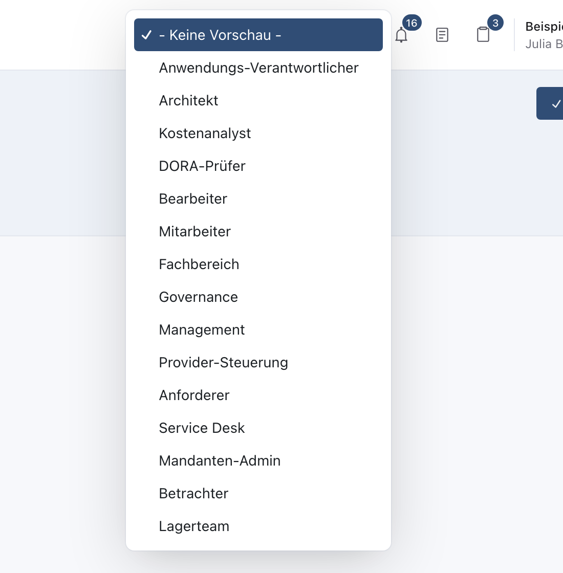 Geöffnete Auswahl der Vorschau mit den Rollen und dem Eintrag Lagerteam