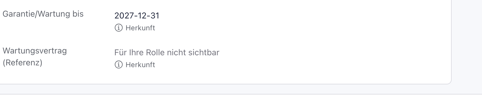 Angaben zur Klasse des Servers srv-lagerverwaltung in der Vorschau als Lagerteam: Garantie/Wartung bis 2027-12-31, Wartungsvertrag (Referenz) Für Ihre Rolle nicht sichtbar