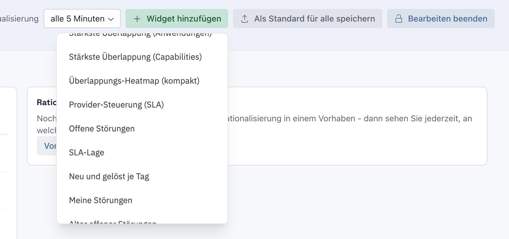 Geöffnete Liste Widget hinzufügen mit Einträgen wie Provider-Steuerung (SLA), Offene Störungen, SLA-Lage, Neu und gelöst je Tag und Meine Störungen
