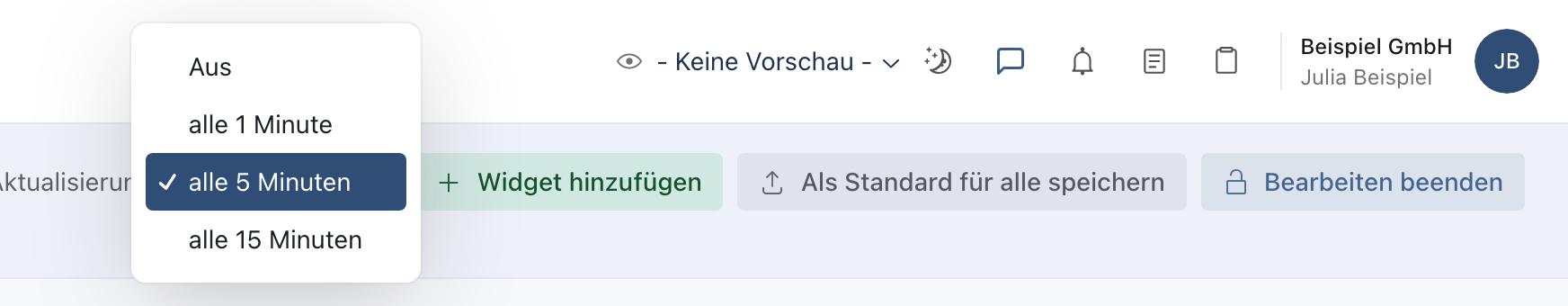 Geöffnete Auswahl Aktualisierung mit Aus, alle 1 Minute, alle 5 Minuten (gewählt) und alle 15 Minuten