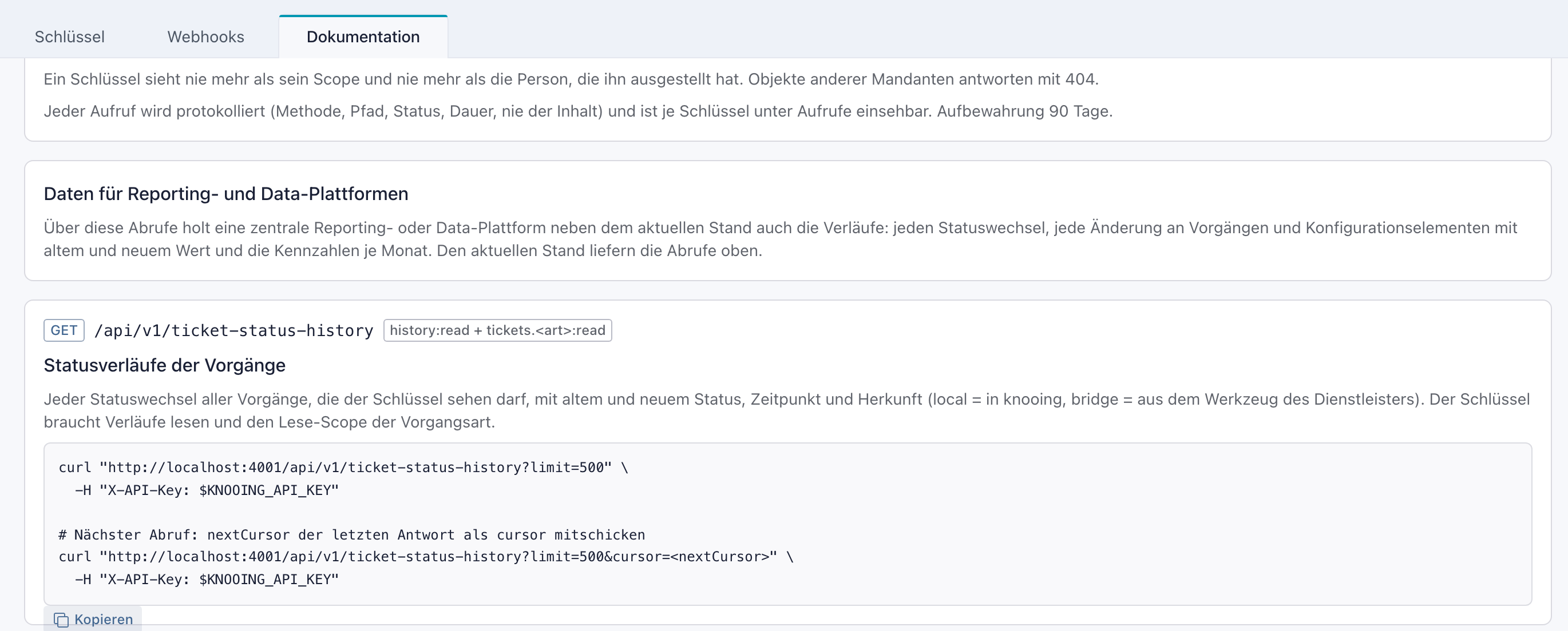 Reiter Dokumentation der Schnittstellen mit dem Abschnitt Daten für Reporting- und Data-Plattformen und dem ersten Abruf GET /api/v1/ticket-status-history mit Beispielaufruf