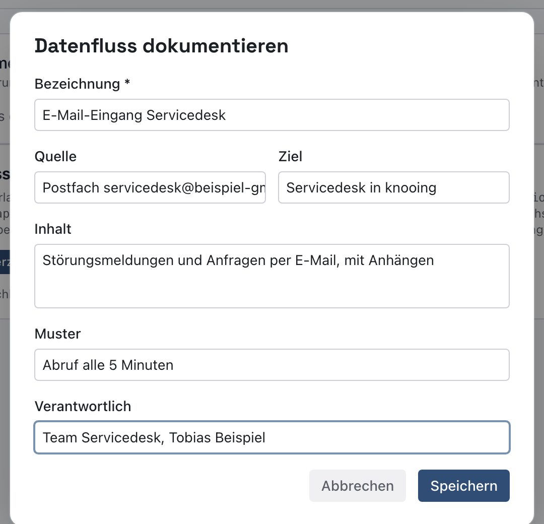 Fenster Datenfluss dokumentieren mit E-Mail-Eingang Servicedesk, Quelle Postfach servicedesk@beispiel-gmbh.test, Ziel Servicedesk in knooing, Inhalt, Muster Abruf alle 5 Minuten und Verantwortlich Team Servicedesk, Tobias Beispiel