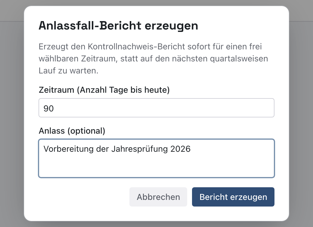 Fenster Anlassfall-Bericht erzeugen mit Zeitraum 90 und Anlass Vorbereitung der Jahresprüfung 2026