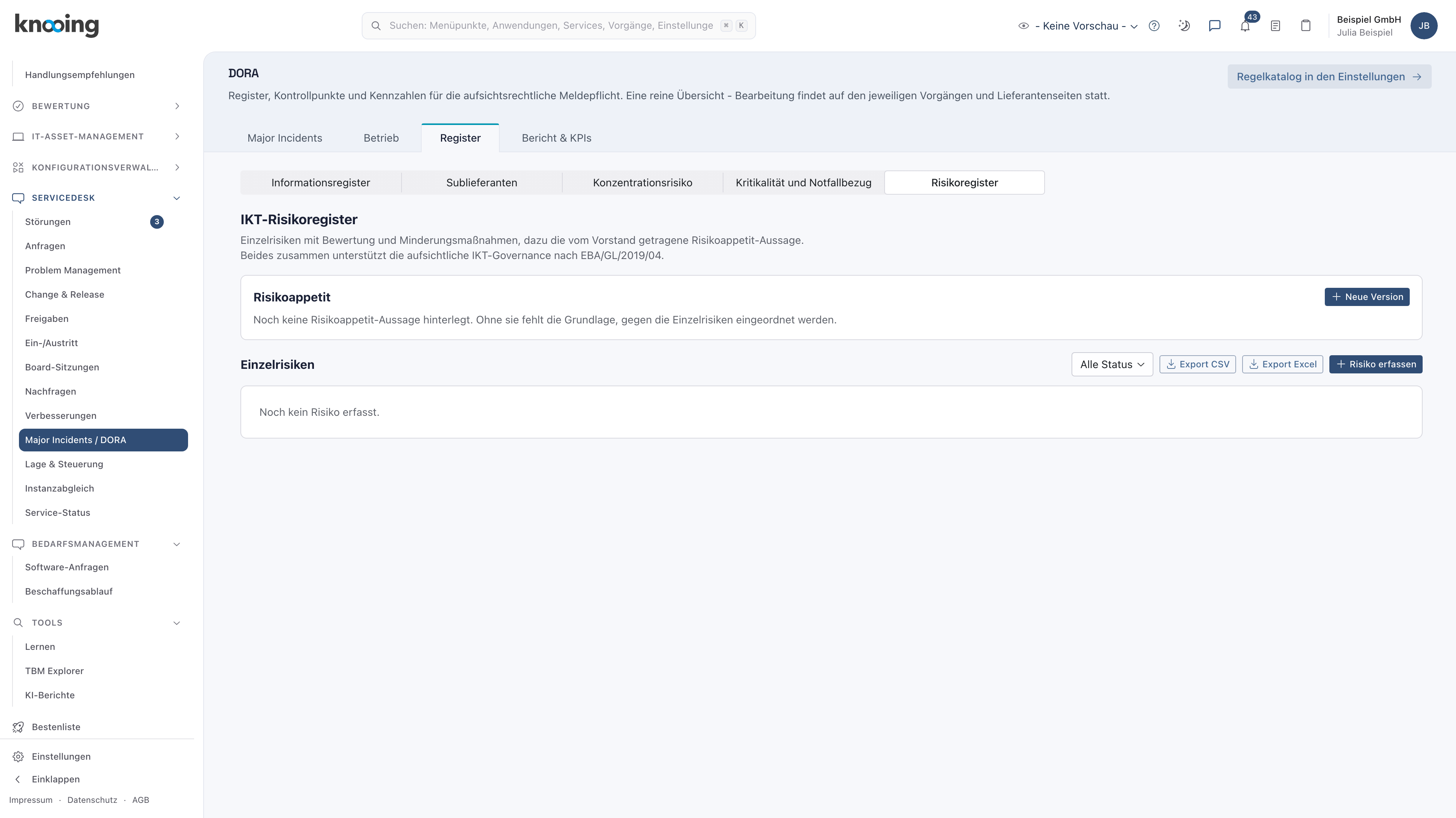 Ansicht Risikoregister mit dem Abschnitt Risikoappetit ohne Aussage und dem Knopf Neue Version, darunter Einzelrisiken ohne Eintrag