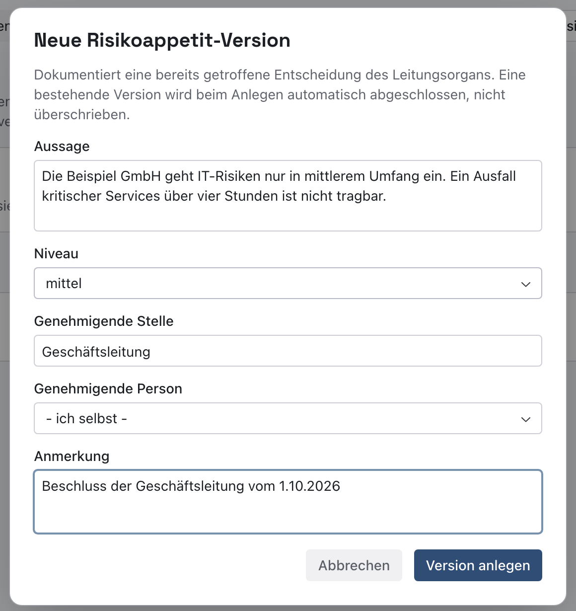 Fenster Neue Risikoappetit-Version mit Aussage, Niveau mittel, Genehmigende Stelle Geschäftsleitung, Genehmigende Person ich selbst und Anmerkung
